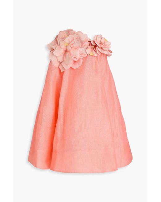 Zimmermann Pink Strapless Floral-Appliquéd Linen And Silk-Blend Gauze Mini Dress