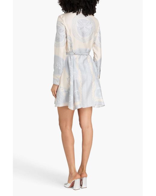 Versace White Belted Printed Silk-Twill Mini Shirt Dress