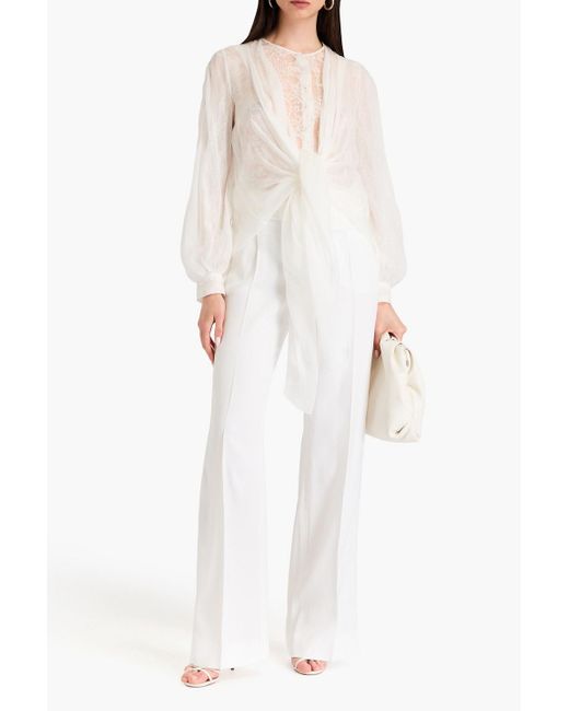 Alberta Ferretti White Tie-front Layered Silk-voile And Corded Lace Blouse