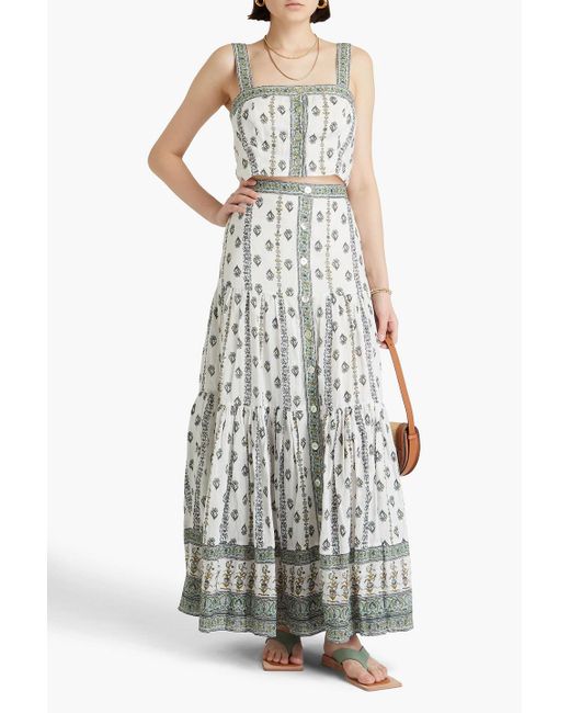 Veronica Beard White Sundance Tiered Printed Ramie Maxi Skirt