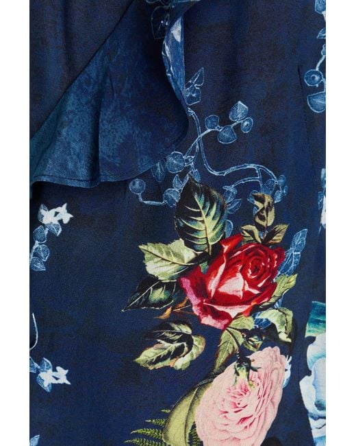 Camilla Blue Verziertes maxikleid aus crêpe de chine aus seide mit blumenprint und rüschen