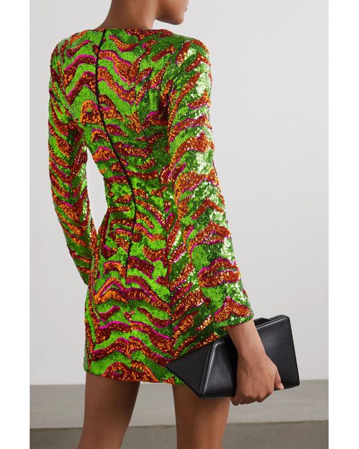 Halpern Green Sequined Zebra-print Tulle Mini Dress