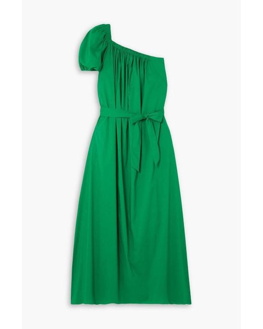 Diane von Furstenberg Green Pasquale One-shoulder Belted Cotton-blend Poplin Maxi Dress