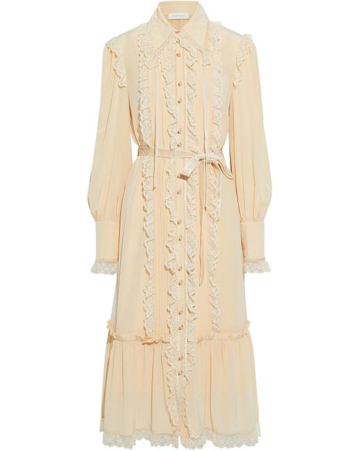 Zimmermann Belted Lace-trimmed Silk Crepe De Chine Midi Shirt Dress in ...