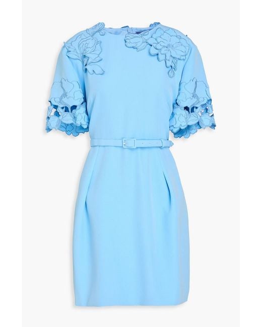 LEO LIN Blue Aurelie Floral-Appliquéd Stretch-Crepe Mini Dress
