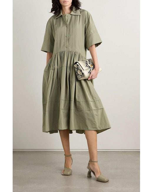 Jil Sander Green Pleated Sateen Midi Shirt Dress
