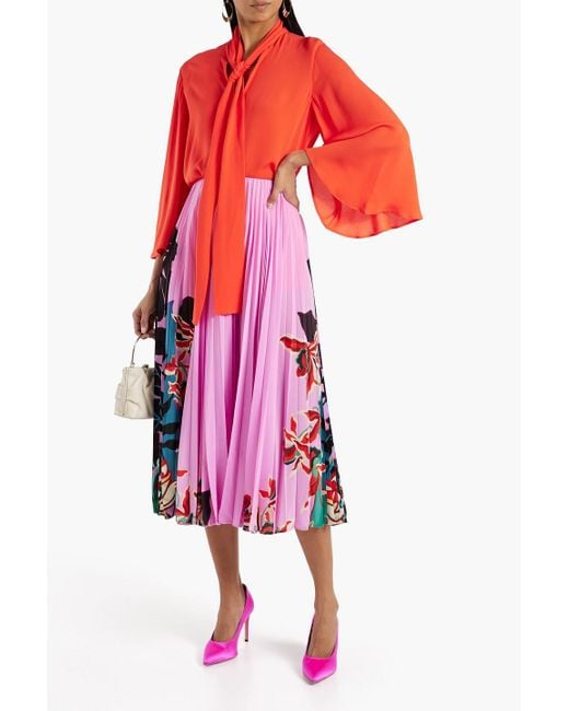 Valentino Garavani Pink Pleated Floral-print Silk-chiffon Midi Skirt