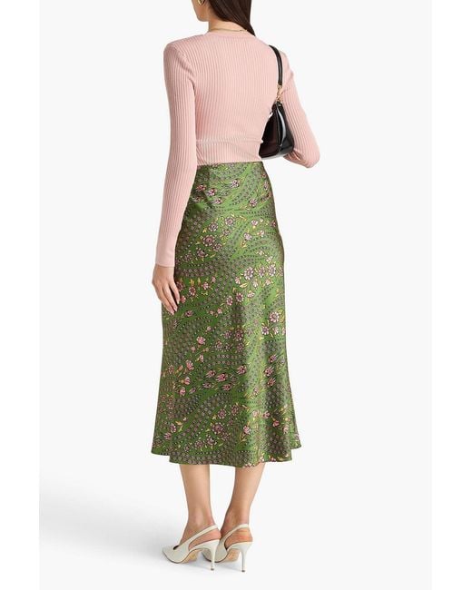 Veronica Beard Green Floral-Print Satin Midi Skirt
