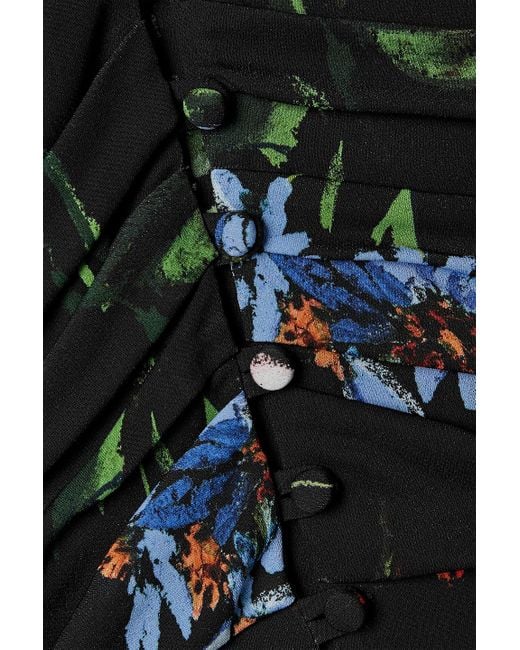 Lela Rose Black Ruched Floral-print Crepe Midi Dress