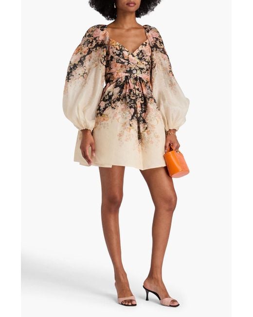 Zimmermann Natural Pleated Floral-print Linen And Silk-blend Mini Dress