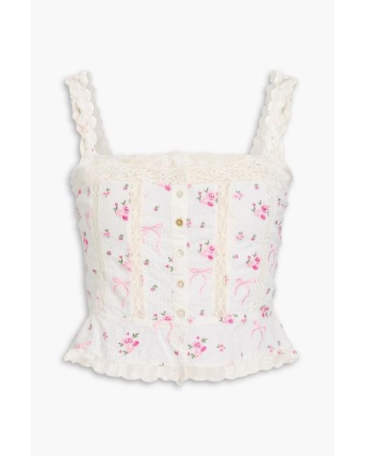 LoveShackFancy White Vietta Lace-Trimmed Embroidered Cotton-Voile Top