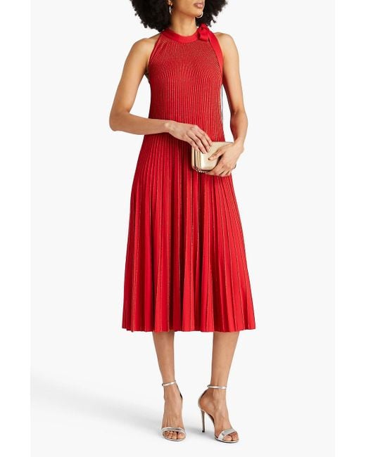 Elie Saab Red Metallic Ribbed-knit Midi Dress