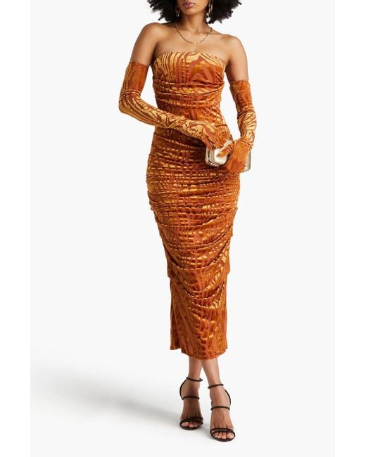 Alex Perry Orange Strapless Devoré-velvet Midi Dress