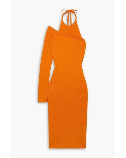 Monse Orange One-Sleeve Ribbed Wool-Blend Halterneck Midi Dress
