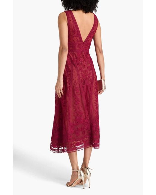 Marchesa Red Midikleid aus guipure-spitze mit tüllbesatz