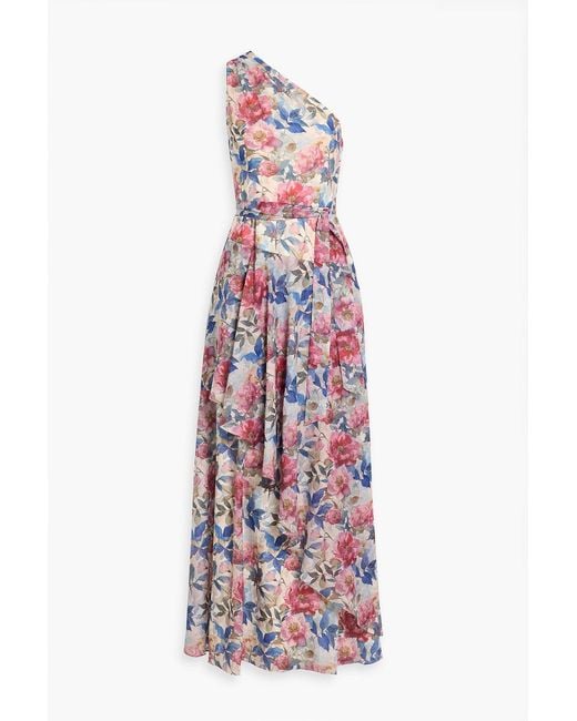 Mikael Aghal White One-Shoulder Layered Floral-Print Chiffon Maxi Dress