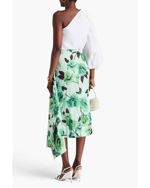 Erdem Green Draped Floral-print Crinkled-taffeta Midi Skirt