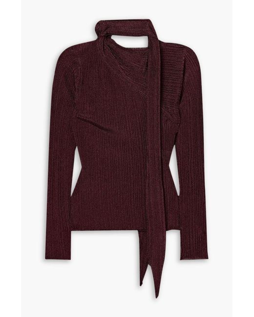 Rabanne Purple Tie-detailed Metallic Plissé-knit Sweater