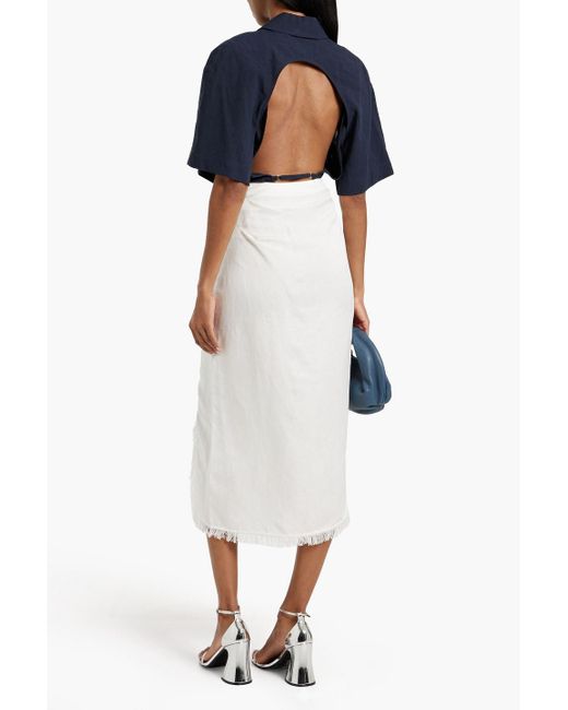 Jonathan Simkhai White Quinton Wrap-effect Frayed Linen-blend Midi Skirt