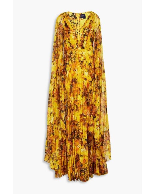 Marchesa Yellow Cape-effect Pleated Floral-print Chiffon Gown