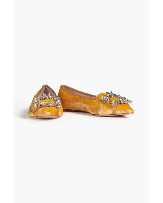 Roger Vivier Yellow Rv Broche Embellished Velvet Point-toe Flats