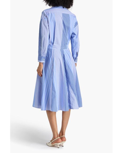 Maje Blue Pleated Striped Cotton-Poplin Midi Shirt Dress