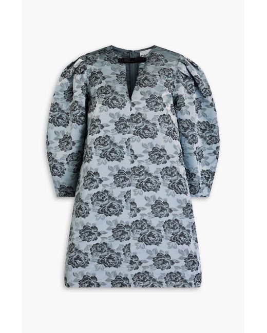 Ganni Blue Pleated Floral-Jacquard Mini Dress