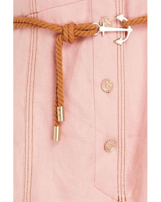 Zimmermann Pink Cropped Belted Linen Wide-leg Jumpsuit