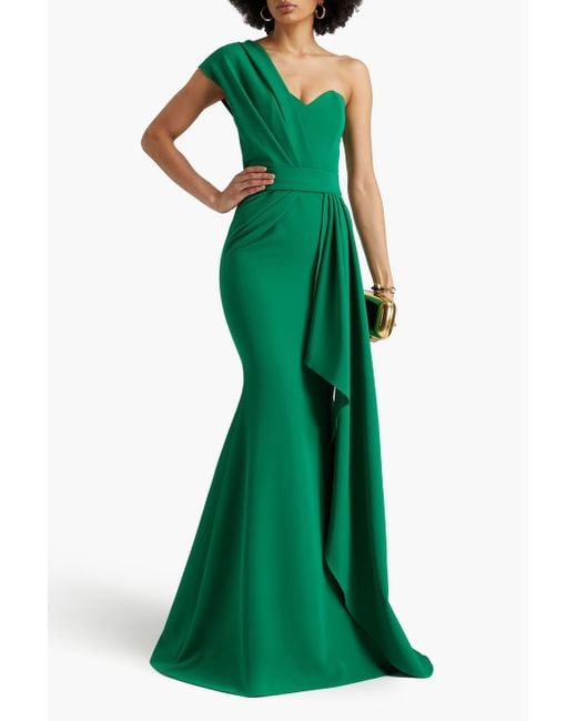 Rhea Costa Green One-shoulder Draped Crepe Gown