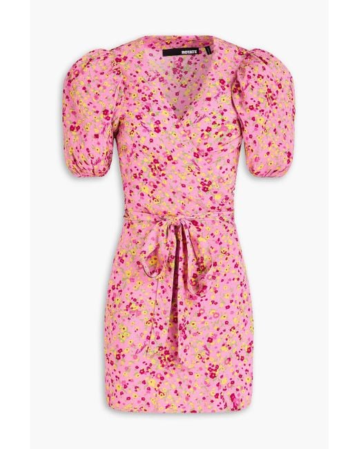 ROTATE BIRGER CHRISTENSEN Pink Floral-print Jacquard Mini Wrap Dress