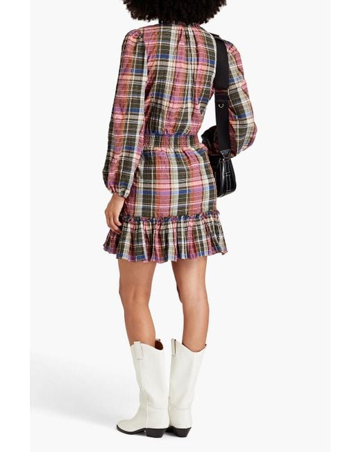 Veronica Beard Green Destiny Ruffled Metallic Checked Cotton-blend Mini Dress