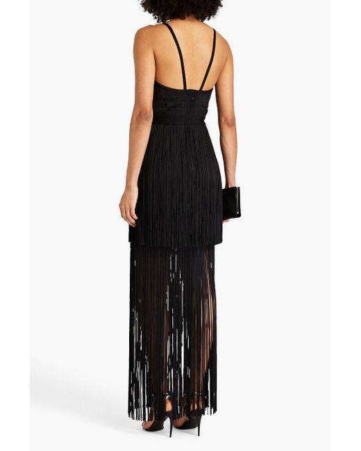 Hervé Léger Black Two Tone Fringe Maxi Dress