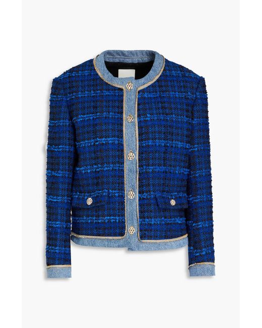 Sandro Blue Asti Denim-trimmed Cotton-blend Bouclé-tweed Jacket