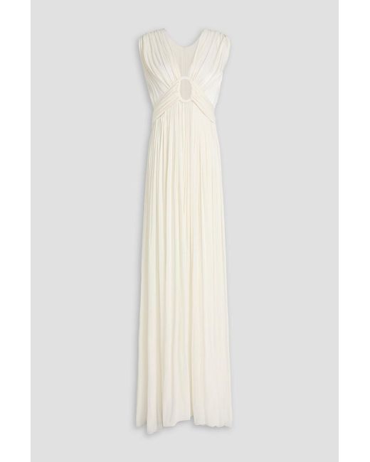 Costarellos White Cutout Pleated Metallic Georgette Gown