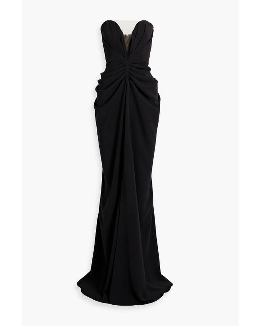 Rhea Costa Black Strapless Tulle-trimmed Draped Twill Gown