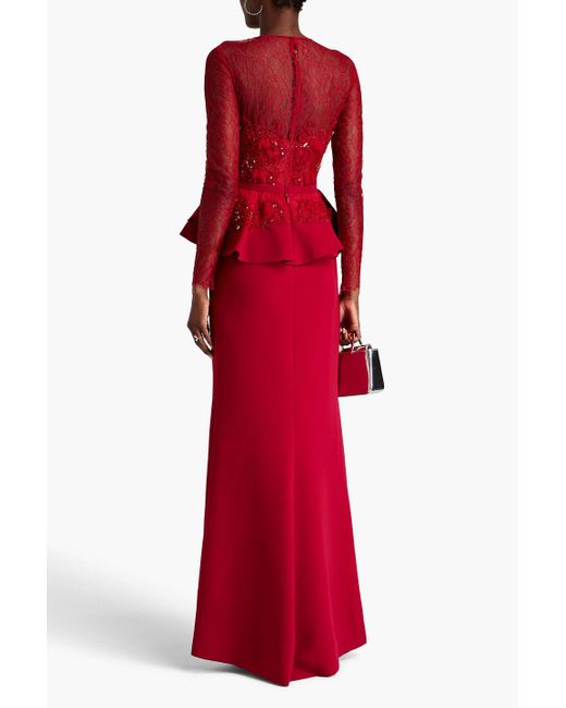 Zuhair Murad Red Embellished Chantilly Lace-paneled Silk-blend Crepe Gown