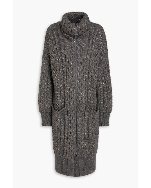 Brunello Cucinelli Gray Sequin-Embellished Cable-Knit Cashmere Cardigan