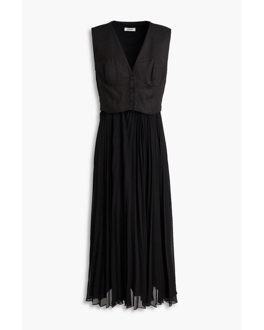 Sandro Black Linen-blend Twill And Georgette Midi Dress