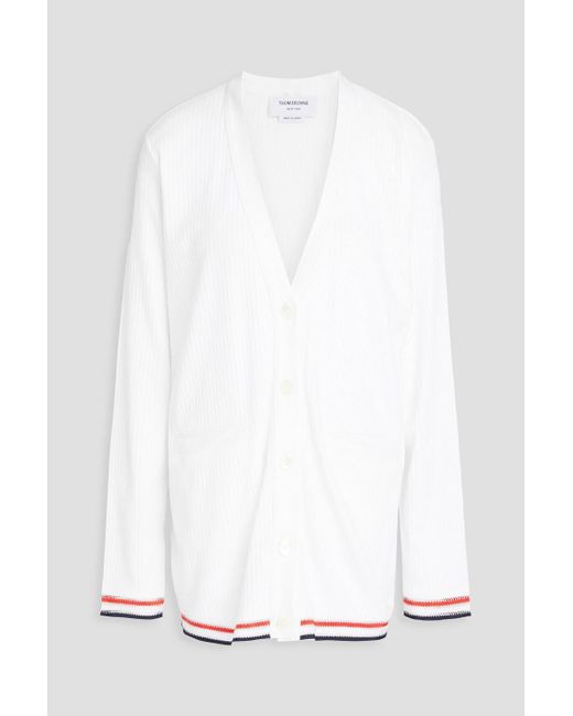 Thom Browne White Striped Ribbed Cotton Cardigan
