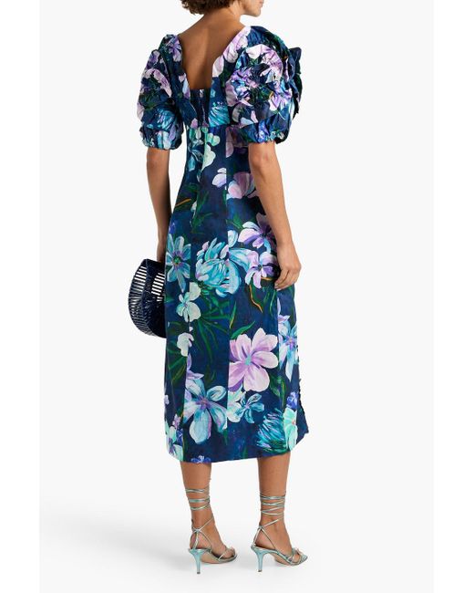 Farm Rio Blue Ruffled Floral-Print Cotton-Poplin Midi Dress