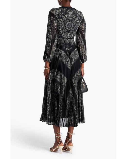 Zimmermann Black Belted Printed Crepe De Chine Midi Dress
