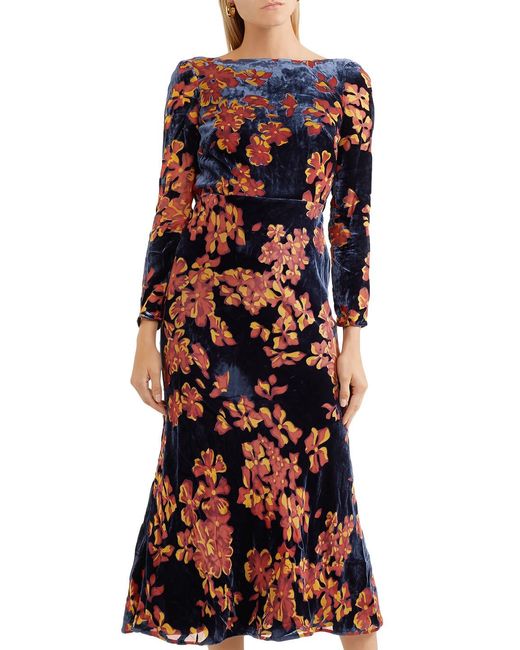 Saloni Red Floral-print Velvet Midi Dress