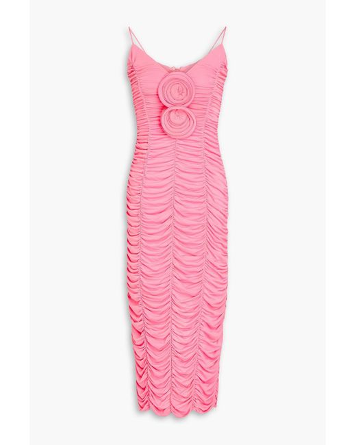 Magda Butrym Pink Ruched Floral-appliquéd Jersey Halterneck Maxi Dress