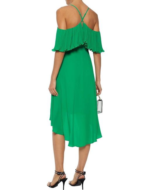 Halston Heritage Green Cold-Shoulder Plissé-Paneled Crepe De Chine Dress