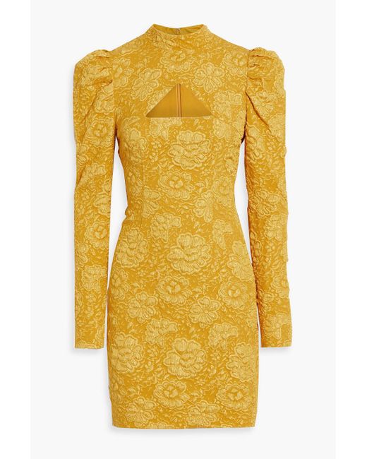 ONE33 SOCIAL Yellow Cutout Gathered Floral-jacquard Mini Dress