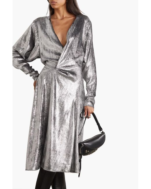 Isabel Marant Gray Courtneya gerafftes midikleid aus lamé mit schlangenprint