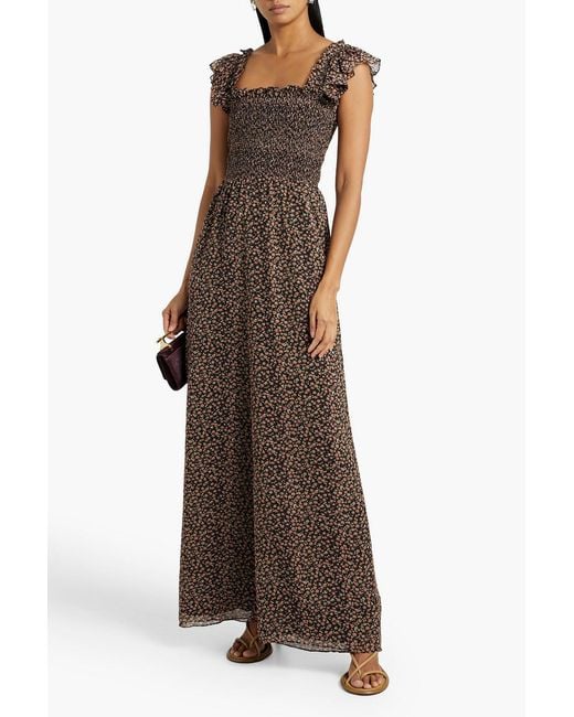 Mikael Aghal Brown Shirred Floral-print Crepe De Chine Wide-leg Jumpsuit