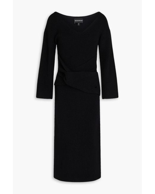 Emporio Armani Black Ribbed Wool Midi Dress