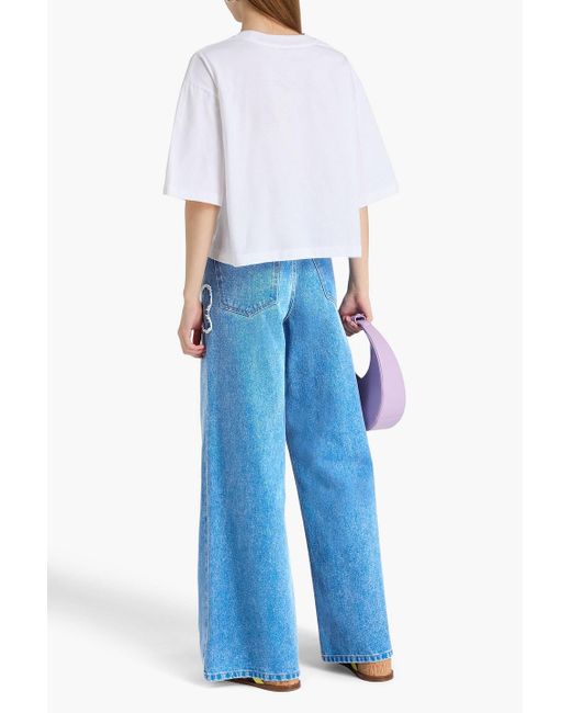 Marni Blue Floral-Appliquéd High-Rise Wide-Leg Jeans