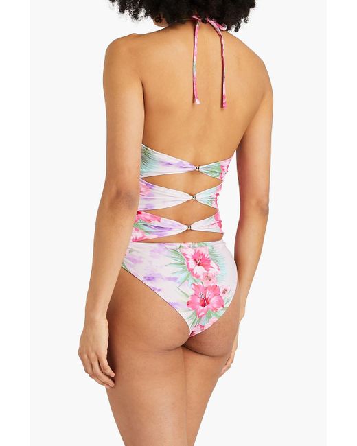 Maje Pink Cutout Knotted Floral-print Halterneck Bandeau Swimsuit